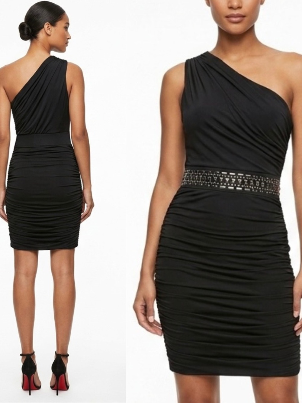 NWT Y2K Asymmetric One-Shoulder Black Ruched Dress Stretch XL